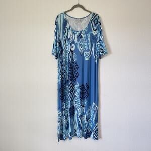Chicos Dress Womens 3 16/18 Blue Aqua Paisley Ikat Print Stretch Short Sleeve